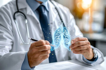 Medical Doctor with Futuristic 3D Lung Illustration Technology in hospital