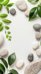 calm and balance with green leaves and smooth stones for relaxation