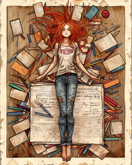 A redhead girl is lounging on a stack of books and pencils