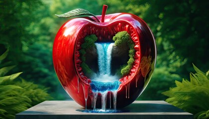 Surreal Apple with Waterfall Inside - obrazy, fototapety, plakaty