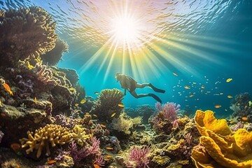 Fototapeta na wymiar Underwater view of a beautiful coral reef with a man swimming underwater