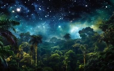 Fototapeta na wymiar The beauty of the night sky with stars and galaxies in the tropical forest.