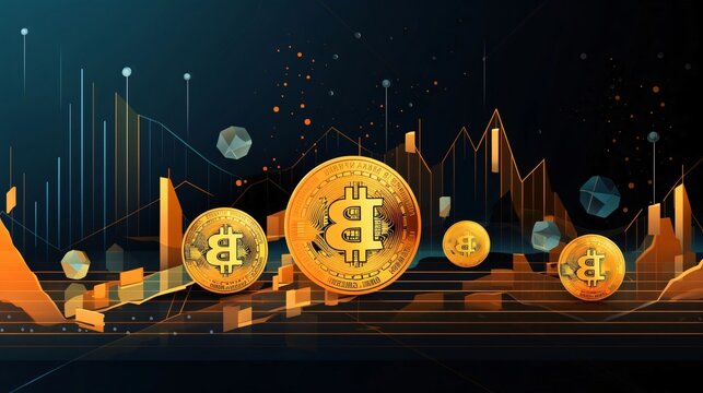 Gold bitcoin on the background of the stock market. Vector illustration.