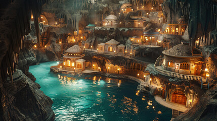 Fototapeta na wymiar Underground city with river and rooms fantasy 