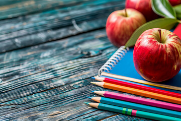 back to School Concept banner with Red Apples, Color Pencils, and Spiral Notebook on Wooden background with copy space