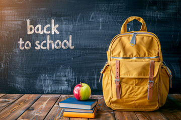 Back to School with Yellow Backpack, Books and Apple in Front of Blackboard