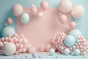 3d render of pastel pink and blue balloons and confetti on pastel blue background