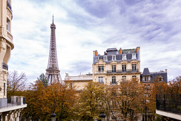 Daytime view of the Eiffel Tower in Paris - obrazy, fototapety, plakaty
