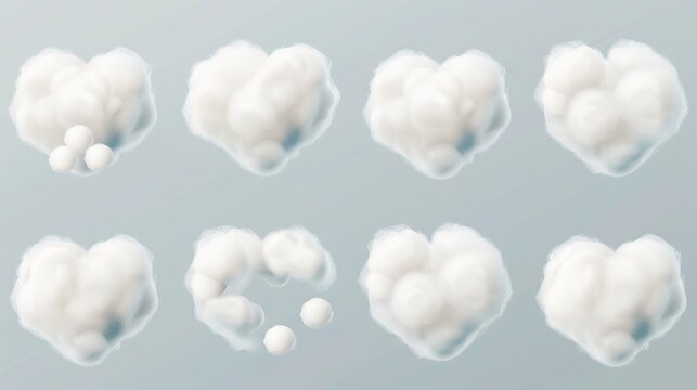 Cloud and heart shaped cotton wool pieces isolated on transparent background. Modern realistic set of soft, white balls of wool fiber or white fur.
