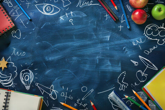 Educational Concept with Chalkboard, Colorful chalk Doodles and School Supplies background