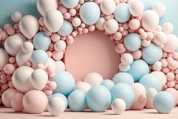 3d rendering of pastel pink, blue and white balloons background