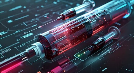 A digital illustration of a syringe with a red liquid inside. The syringe is surrounded by a blue circuit board.