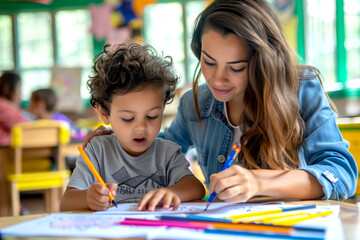 Young Boy Learning to Write with female Teacher in Classroom. Back to school and education concept