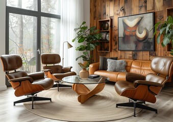 Wooden chairs at round black glass table in room with sofa and cabinet near luxury wall.