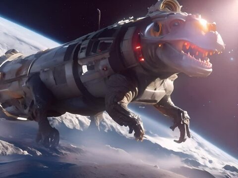 A dinosaur in space with a jetpack