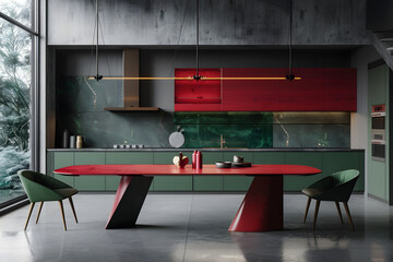Modern Kitchen with Red and Green Colors: Front View of Kitchen Table Against Dark Gray Background