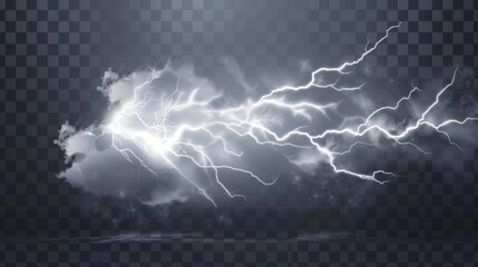 Lightning strikes and thunderclouds, electric discharge and storm clouds, impact place or magical energy flash. Meteorology thunderbolt realistic 3d modern impulse isolated on transparent background. - obrazy, fototapety, plakaty