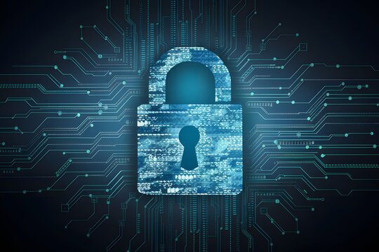 A digital padlock with other electronic elements arranged, symbolizing cybersecurity and encryption