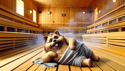 Dog Relaxing in a Sauna Towel Wrapped