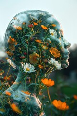 Abstract double exposure portrait of beautiful young woman face with flowers.