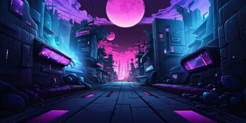 Futuristic fantasy city with neon lights and full moon. 3d rendering