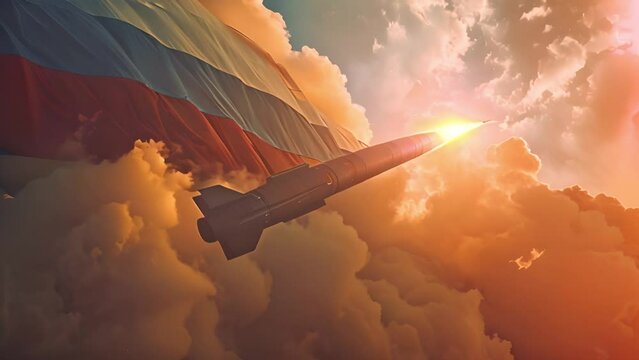 Russian flag with flying nuclear bomb. Russia's nuclear missile threat. Mushroom cloud in front of the flag of Russia. The missile is painted in Russian colors. Nuclear explosion. War mission weapon 