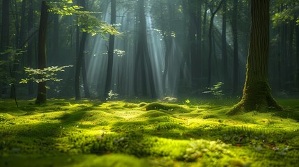 An enchanting forest scene with sunlight filtering through the dense canopy, casting dappled shadows on the moss-covered ground below