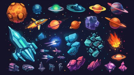 Isolated cartoon arcade elements spaceship, rock and alien planet. Cosmos adventure, futuristic modern illustration set. - obrazy, fototapety, plakaty