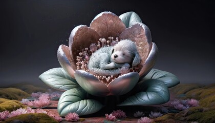 Puppy Asleep in a Surreal Flower Cocoon