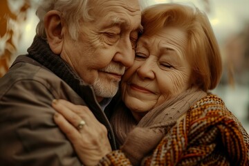 Loving Senior Couple Embracing Tenderly in Autumn Setting