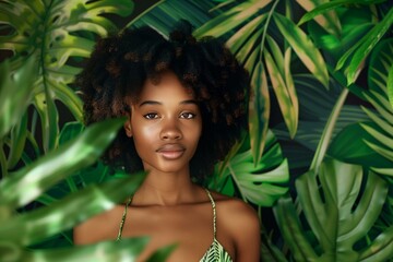Beautiful Young African American Woman Surrounded by Lush Greenery in a Tropical Setting