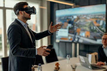 Business Professional Using Virtual Reality to Demonstrate Urban Planning in a Modern Office Setting