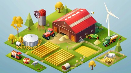 An isometric landing page for a company involved in farming and agriculture. It contains storehouses, granaries, tractors, and windmills. Also there are warehouse buildings for grain and hay harvest