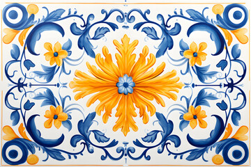 Obraz premium Pattern of Portuguese azulejos tiles. Rustic blue and yellow tile watercolor seamless pattern