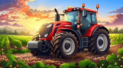 Fototapeta premium Agricultural tractor irrigating fields at sunset with data infographic for crop management