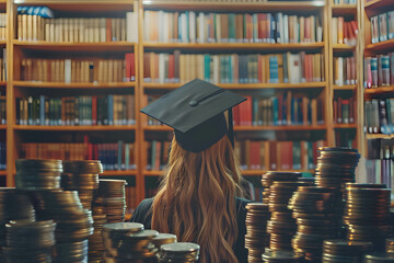 A student searching for scholarships to reduce the need for loans, borrowing money for education, stacks of coins with a college girl in a cap in a library background - obrazy, fototapety, plakaty