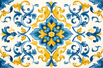 Pattern of Portuguese azulejos tiles. Rustic blue and yellow tile watercolor seamless pattern