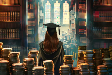 A student searching for scholarships to reduce the need for loans, borrowing money for education, stacks of coins with a college girl in a cap in a library background - obrazy, fototapety, plakaty