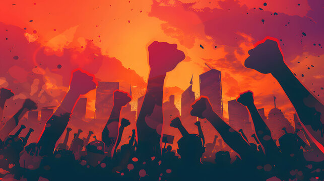 Image of disruption with a protest march and raised fists