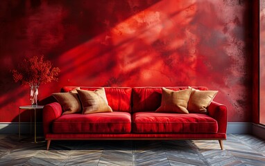 Art deco interior design of modern living room. Crimson sofa with golden pillows against empty dark red wall.