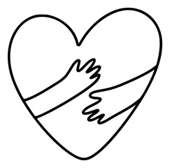 Concept hug man or woman feeling love gesture. Hand drawn hands inside heart symbol. Logo icon illustration for young camp, conference, wedding, friendship, greeting card - 785503344