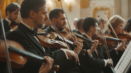 a group of people playing orchestral music in the form of piano, violin and others - obrazy, fototapety, plakaty