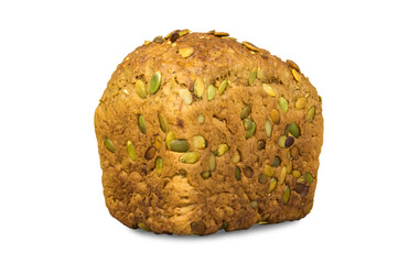 A piece of bread with seeds on it. The bread is brown and has a nutty flavor