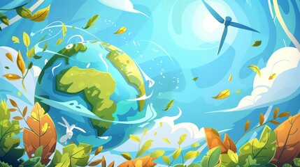 Fototapeta na wymiar Modern concept of renewable green windmill energy, international environment protection, conservation with globe, wind turbines, recycling symbols, and leaves. Illustration of windmills, wind