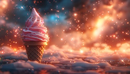 Cute Ice cream cone constellation in a starry night sky, Bright scene, octane renderer, light orange environment, panoramic shots, high quality, masterpieces