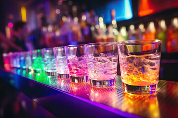 A row of shot glasses filled with different colored liquids on a bar