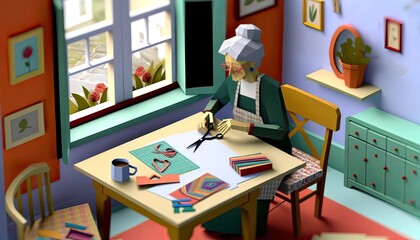 Elderly Woman Crafting with Paper at Home