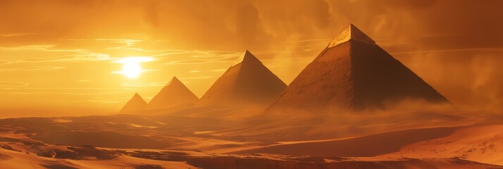 The majestic pyramids and Sphinx of Egypt are shrouded in the golden glow of the desert sands at sunset - obrazy, fototapety, plakaty