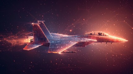 A blue fighter jet in flight from abstract polygonal points. Low poly fighter in motion, lines and connected to form, modern illustration. - obrazy, fototapety, plakaty