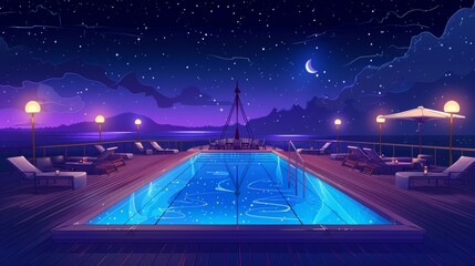 Cruise liner swimming pool at night, empty ship deck with sun loungers and umbrellas, luxury sailboat under starry sky. Cartoon modern illustration of passenger ship under starry sky. - obrazy, fototapety, plakaty